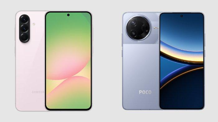 PERBANDINGAN HP - Tangkapan layar tampilan HP Samsung Galaxy A56 5G dan POCO F7 Pro yang diambil dari website Samsung.com dan Mi.co.id, Rabu (16/4/2025).