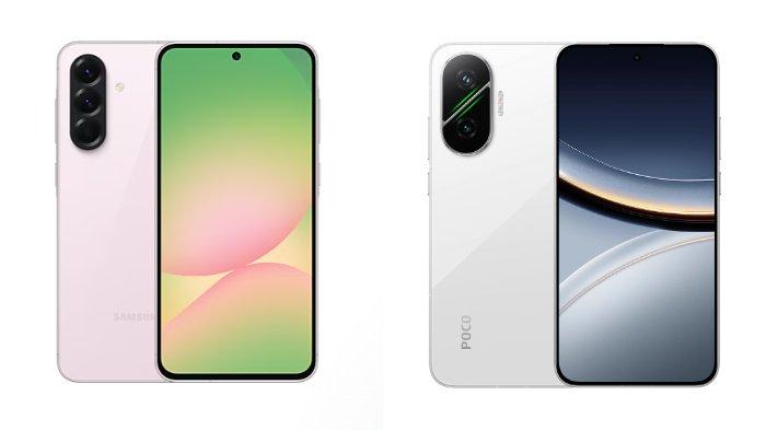 PERBANDINGAN HP - Tangkapan layar tampilan HP Samsung Galaxy A56 5G dan POCO F7 yang diambil dari website Samsung.com dan Mi.co.id, Minggu (29/6/2025).