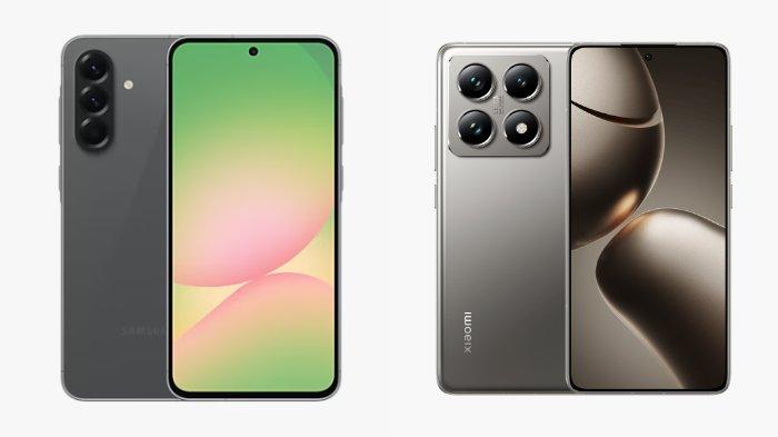 PERBANDINGAN HP - Kolase tangkapan layar tampilan HP Samsung Galaxy A56 5G dan Xiaomi 14T Pro yang diambil dari website Samsung.com dan Mi.co.id, Kamis (24/4/2025).