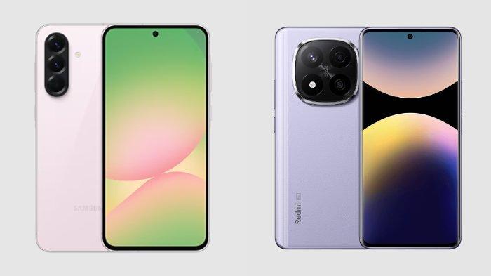 PERBANDINGAN HP - Tangkapan layar tampilan HP Samsung Galaxy A56 5G dan Xiaomi Redmi Note 14 Pro Plus 5G yang diambil dari website Samsung.com dan Mi.co.id, Kamis (27/3/2025).