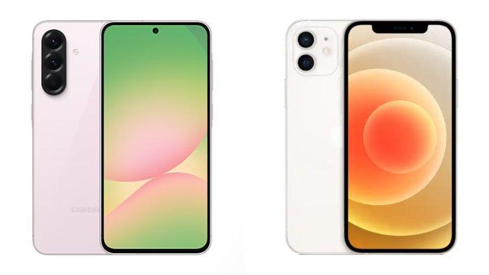 PERBANDINGAN HP - Kolase tangkapan layar tampilan HP Samsung Galaxy A56 5G dan iPhone 12 yang diambil dari website Samsung.com dan iBox.co.id, Kamis (24/4/2025).