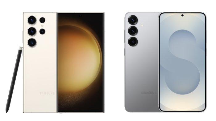 PERBANDINGAN HP SAMSUNG -  Kolase tangkapan layar tampilan Samsung Galaxy S23 Ultra dan Samsung Galaxy S25 Plus di website Samsung.com, Selasa (4/2/2025).