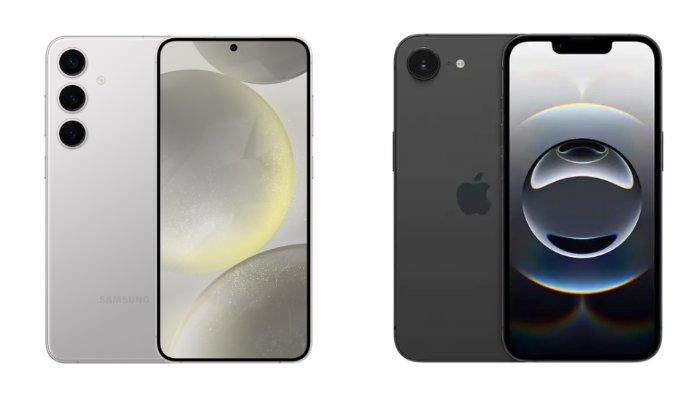 PERBANDINGAN HP - Kolase tangkapan layar tampilan HP Samsung Galaxy S24 Plus dan iPhone 16e yang diambil dari website Samsung.com dan iBox.co.id, Minggu (22/6/2025).
