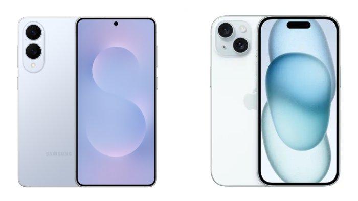 PERBANDINGAN HP - Kolase tangkapan layar tampilan HP Samsung Galaxy S25 Edge dan iPhone 15 yang diambil dari website Samsung.com dan iBox.co.id, Selasa (3/6/2025).