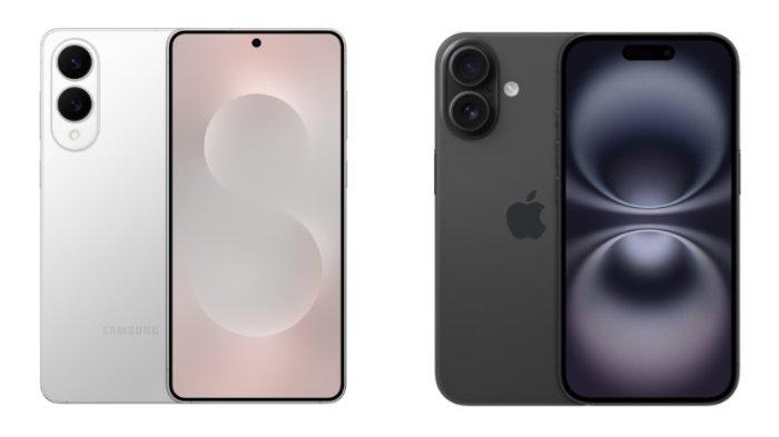 PERBANDINGAN HP - Kolase tangkapan layar tampilan HP Samsung Galaxy S25 Edge dan iPhone 16 yang diambil dari website Samsung.com dan iBox.co.id, Selasa (27/5/2025).