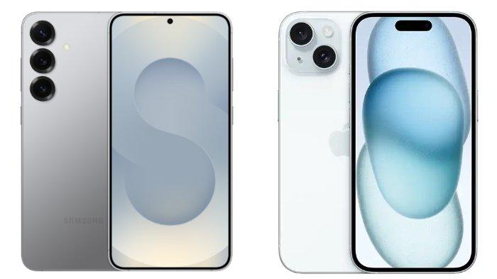 PERBANDINGAN HP - Kolase tangkapan layar tampilan Samsung Galaxy S25 Plus dan iPhone 15 di website Samsung.com dan iBox, Kamis (13/2/2025).