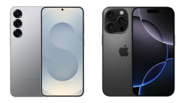 PERBANDINGAN HP - Kolase tangkapan layar tampilan Samsung Galaxy S25 Plus dan iPhone 16 Pro di website Samsung.com dan Apple.com, Selasa (25/2/2025).