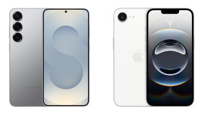 PERBANDINGAN HP - Kolase tangkapan layar tampilan HP Samsung Galaxy S25 Plus dan iPhone 16e yang diambil dari website Samsung.com dan iBox.co.id, Rabu (18/6/2025).