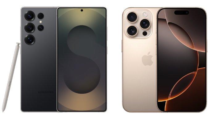 PERBANDINGAN HP - Kolase tangkapan layar tampilan Samsung Galaxy S25 Ultra dan iPhone 16 Pro di website Samsung.com dan Apple.com, Rabu (19/2/2025).