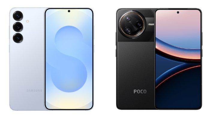 PERBANDINGAN HP -  Kolase tangkapan layar tampilan HP Samsung Galaxy S25 dan POCO F7 Ultra yang diambil dari website Samsung.com dan Mi.co.id, Rabu (7/5/2025).