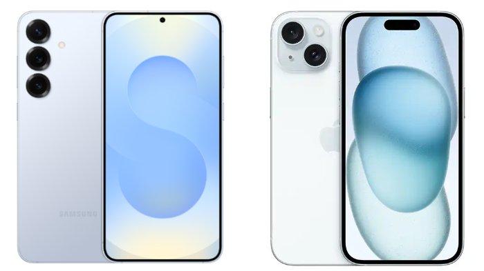 PERBANDINGAN HP -  Kolase tangkapan layar tampilan Samsung Galaxy S25 dan iPhone 15 di website Samsung.com dan iBox, Rabu (12/2/2025).