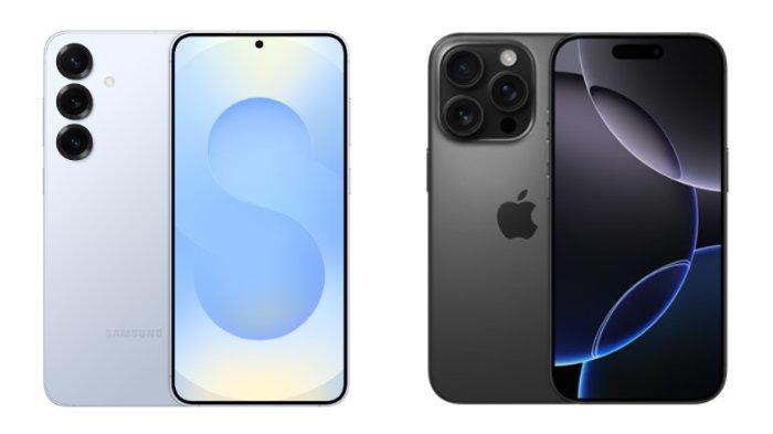 PERBANDINGAN HP - Kolase tangkapan layar tampilan Samsung Galaxy S25 dan iPhone 16 Pro di website Samsung.com dan Apple.com, Rabu (26/2/2025).