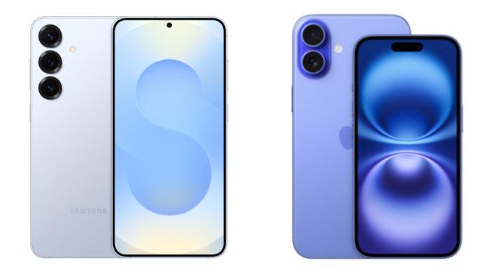 PERBANDINGAN HP - Kolase tangkapan layar tampilan Samsung Galaxy S25 dan iPhone 16 di website Samsung.com dan Apple.com, Jumat (14/2/2025).