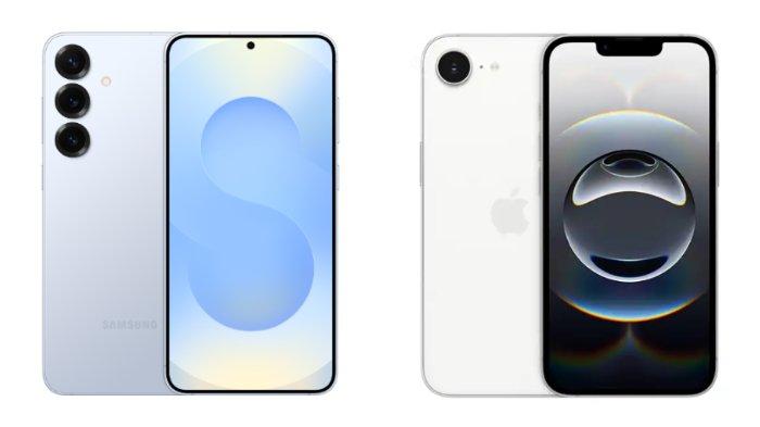 PERBANDINGAN HP - Kolase tangkapan layar tampilan HP Samsung Galaxy S25 dan iPhone 16e yang diambil dari website Samsung.com dan iBox.co.id, Kamis (12/6/2025).
