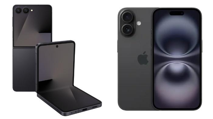 PERBANDINGAN HP - Kolase tangkapan layar tampilan HP Samsung Galaxy Z Flip7 dan iPhone 16 yang diambil dari website Samsung.com dan iBox.co.id, Jumat (18/7/2025).