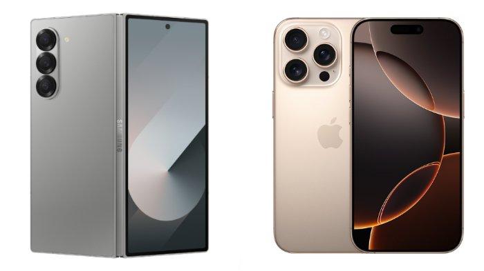 PERBANDINGAN HP - Kolase tangkapan layar tampilan Samsung Galaxy Z Fold6 dan iPhone 16 Pro di website Samsung.com dan Apple.com, Kamis (20/2/2025).
