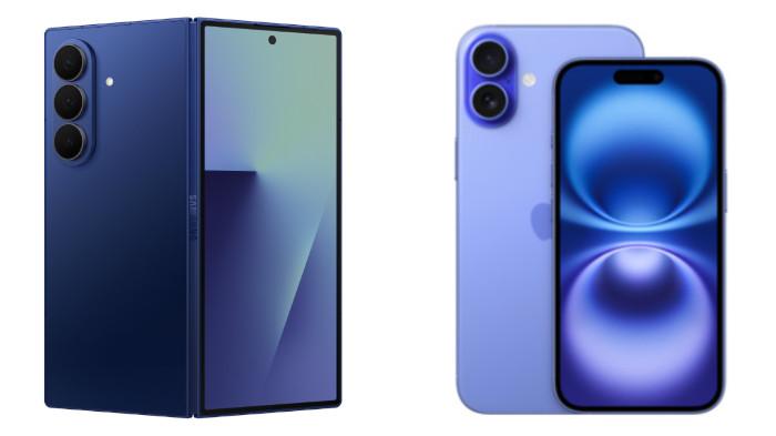 PERBANDINGAN HP - Kolase tangkapan layar tampilan HP Samsung Galaxy Z Fold7 dan iPhone 16 yang diambil dari website Samsung.com dan iBox.co.id, Minggu (27/7/2025).