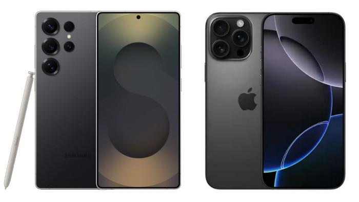 PERBANDINGAN HP - Kolase tangkapan layar tampilan HP Samsung Galaxy S25 Ultra dan iPhone 16 Pro Max yang diambil dari website Samsung.com dan iBox.co.id, Jumat (1/8/2025).