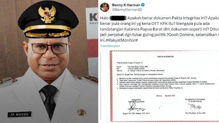 VIRAL di media sosial dokumen diduga pakta integritas atas nama Pj BUpati Sorong, Yan Piet Mosso, yang ditangkap Komisi Pemilihan Umum (KPK).