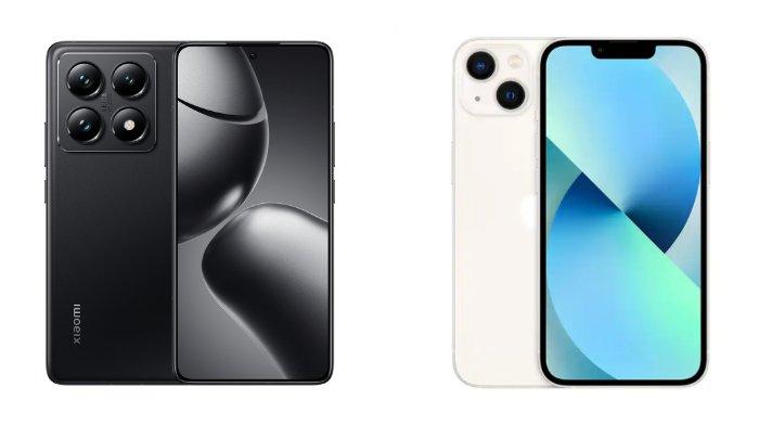 PERBANDINGAN HP - Kolase tangkapan layar tampilan Xiaomi 14T Pro dan iPhone 13 di website Mi.co.id dan iBox, Jumat (25/4/2025).