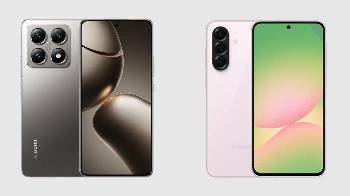 PERBANDINGAN HP - Kolase tangkapan layar tampilan HP Xiaomi 14T dan Samsung Galaxy A56 5G yang diambil dari website Mi.co.id dan Samsung.com, Selasa (25/3/2025).