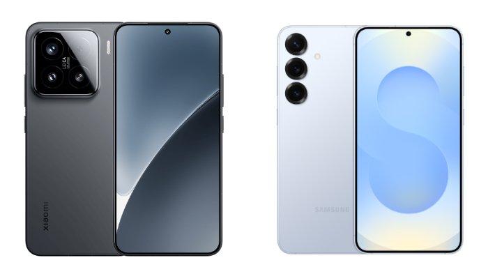 PERBANDINGAN HP - Kolase tangkapan layar tampilan HP Xiaomi 15 dan Samsung Galaxy S25 yang diambil dari website Mi.co.id dan Samsung.com, Minggu (16/3/2025).