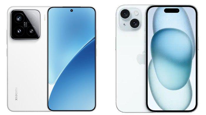 PERBANDINGAN HP - Kolase tangkapan layar tampilan HP Xiaomi 15 dan iPhone 15 yang diambil dari website Mi.co.id dan iBox.co.id, Rabu (7/5/2025).