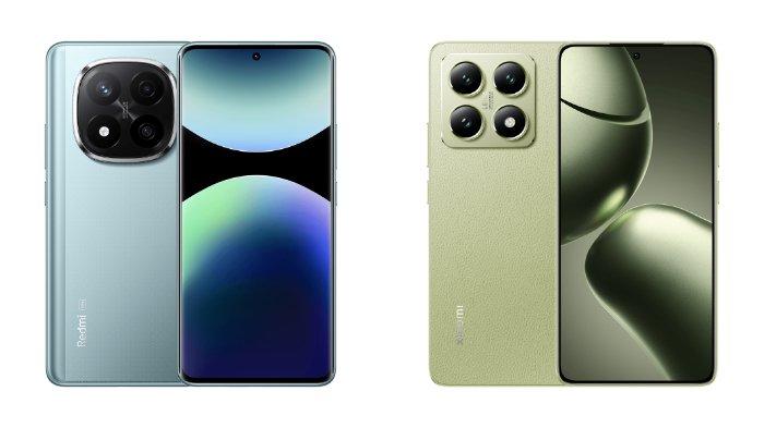 PERBANDINGAN HP -  Kolase tangkapan layar tampilan HP Xiaomi Redmi Note 14 Pro Plus 5G dan Xiaomi 14T yang diambil dari website Mi.co.id, Kamis (8/5/2025).
