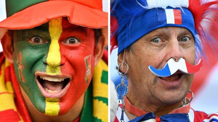 EUFORIA - Tampak foto kombinasi suporter Portugal dan suporter Perancis dalam. turnamen Piala Eropa 2024. Kedua tim akan berhadapan pada Sabtu (6/7/2024) dini hari WIB di babak perempat final.