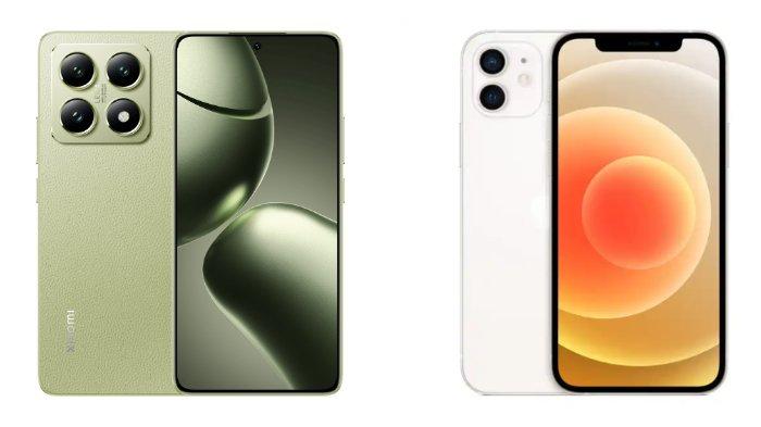 PERBANDINGAN HP - Kolase tangkapan layar tampilan HP Xiaomi 14T Pro dan iPhone 12 yang diambil dari website Mi.co.id dan iBox.co.id, Minggu (27/4/2025).
