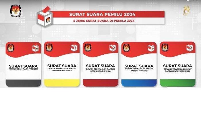 5 jenis surat suara di Pemilu 2024, perhatikan perbedaannya untuk memilih presiden/wakil presiden, DPR RI, DPD, DPRD Provinsi, dan DPRD Kabupatem/kota.