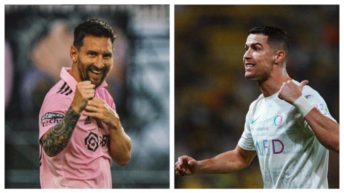 Lionel Messi dan Cristiano Ronaldo menjelang laga Al Nassr vs Inter Miami di Kingdom Arena Riyadh, Arab Saudi, pada 2 Februari 2024.