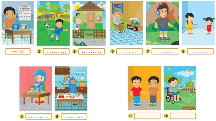 ILUSTRASI KUNCI JAWABAN : Kunci Jawaban Bahasa Inggris Kelas 6 Halaman 68 69 Look at The Pictures and Write The Activities