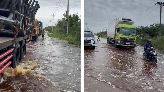 Personel Satlantas Polres Pelalawan mengatur dan mengamankan arus lalu lintas di lokasi banjir yang melanda Jalan Lintas Timur (Jalintim) Kilometer 83 Desa Kemang, Kecamatan Pangkalan Kuras, Kabupaten Pelalawan Selasa (21/1/2025).