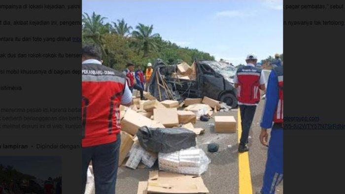 Insiden kecelakaan hari ini terjadi di Tol Pekanbaru-Dumai, Riau menewaskan sopir mobil pengangkut dus rokok, Rabu (2/7/2023).