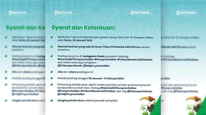 Beli Koran Tribun Pontianak edisi spesial Ulang Tahun Ke-67 Pemprov Kalbar edisi Senin, 29 Januari 2024. Warnai ilustrasi yang ada di koran Tribun Pontianak edisi khusus sesuai kreasimu.