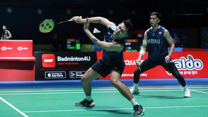 Ekspresi Fajar Alfian/Muhammad Rian Ardianto di Korea Open 2023