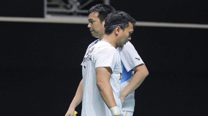 Ekspresi dari Mohammad Ahsan/Hendra Setiawan Ganda Putra Indonesia yang menembus babak semifinal Australia Open 2024