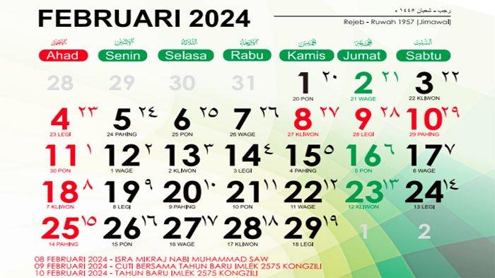 kalender 2024 Terbaru untuk Bulan Februari 2024 / Rajab dan Syaban 1445 H