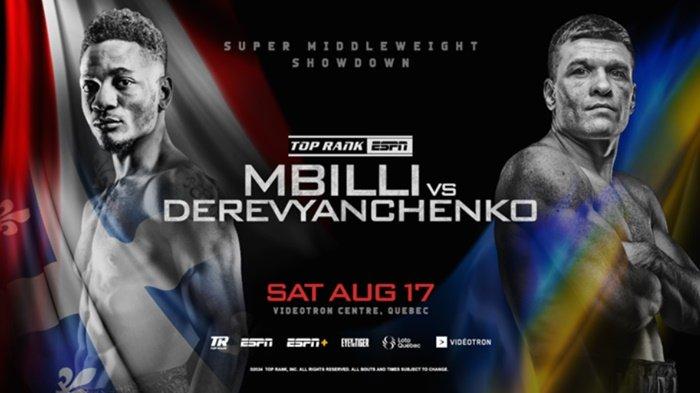 Flayer Tinju Dunia Christian Mbilli vs Sergiy Derevyanchenko Minggu 18 Agustus 2024.