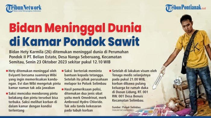 Infografis penemuan jasad seorang bidan perkebunan sawit, di Kamar Perumahan Pondok II PT. Belian Estate, Desa Nanga Seberuang, Kecamatan Semitau (perkebunan kelapa sawit), Senin 23 Oktober 2023 sekitar pukul 12.10 WIB.