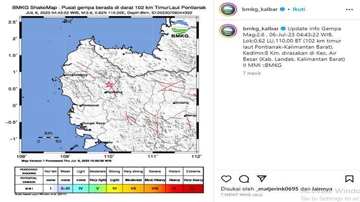 Informasi gempa yang dipublis akun instagram BMKG Kalbar Kamis 6 Juli 2023.