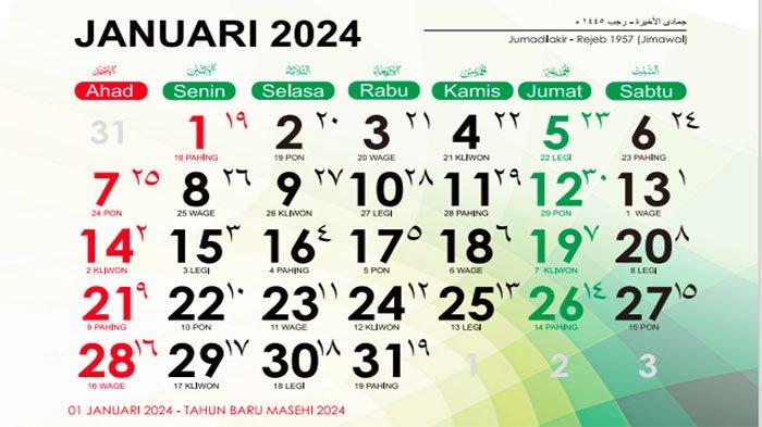 kalender 2024 untuk Bulan Januari 2024 / Jumadil Akhir dan Rajab 1445 H