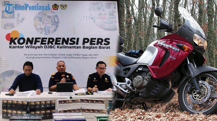 Kepala Kanwil Ditjen Bea Cukai Kalbagbar Imik Eko Putro saat memimpin konferensi pers ekspos hasil penindakan Januari - Agustus 2023 pada Senin 12 September 2023 di aula kantor Bea Cukai Pontianak | barang bukti satu unit mobil mewah ilegal merk Land Cruiser dan motor mewah Honda XL 1000V Varadero yang berhasil disita.