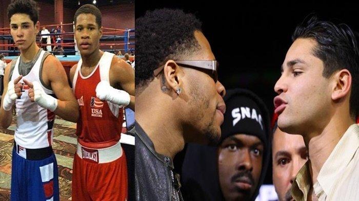 Kolase Ryan Garcia dan Devin Haney ketika masih amatir (kiri) dan saat keduanya bertukar kata pada momen konferensi pers jelang pertarungan Minggu 21 April 2024 (kanan).