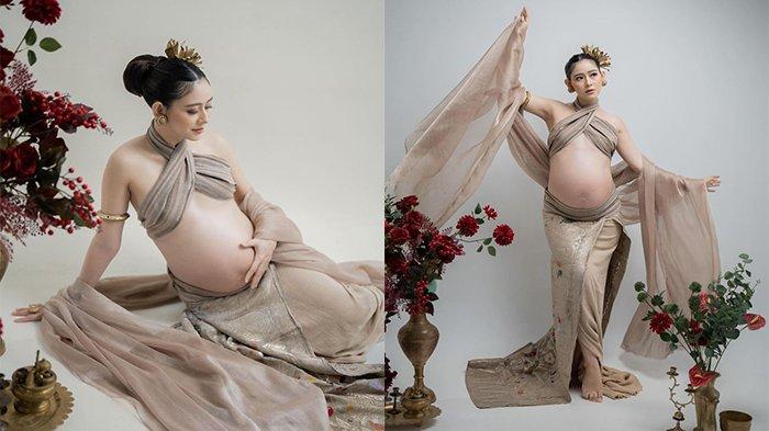 Laura Theux mengenakan rok panjang yang dilapisi dengan kain tenun endek khas Bali.