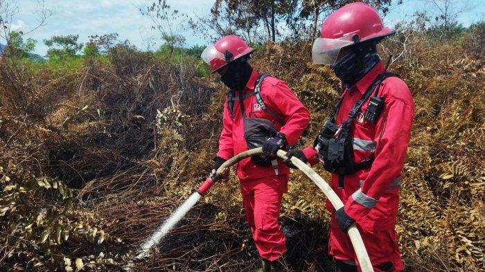 Proses pemadaman api oleh Manggala Agni Singkawang, di titik spot kedua kebakaran di Bukit Hadi Kelurahan Pangmilang, Kecamatan Singkawang Selatan, Kota Singkawang Kalimantan Barat, Senin sore 3 Juli 2023.