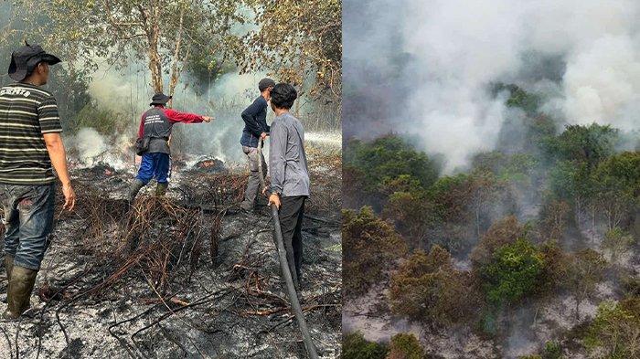 Relawan pemadam api saat berjibaku di wilayah Desa Teluk Kaseh, Kecamatan Teluk Keramat. Sejumlah relawan berupaya memadamkan api yang kembali membakar lahan,.Sabtu 9 September 2023.