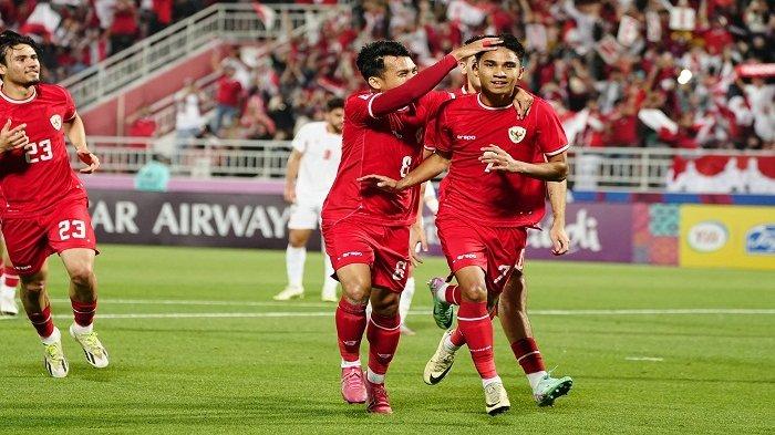 Selebrasi para pemain Timnas U23 Indonesia pada laga melawan Jordan U23 di AFC U23 Minggu 21 April 2024