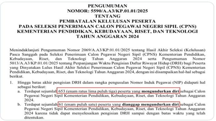 SURAT KETERANGAN - Isi surat keterangan dosen CPNS mengundurkan diri. Sebanyak 714 orang dikabarkan mengundurkan diri dari calon pegawai negeri sipil (CPNS) dosen Kementerian Pendidikan Tinggi, Sains, dan Teknologi (Kemendiktisaintek) 2024. (Dok. Ist)